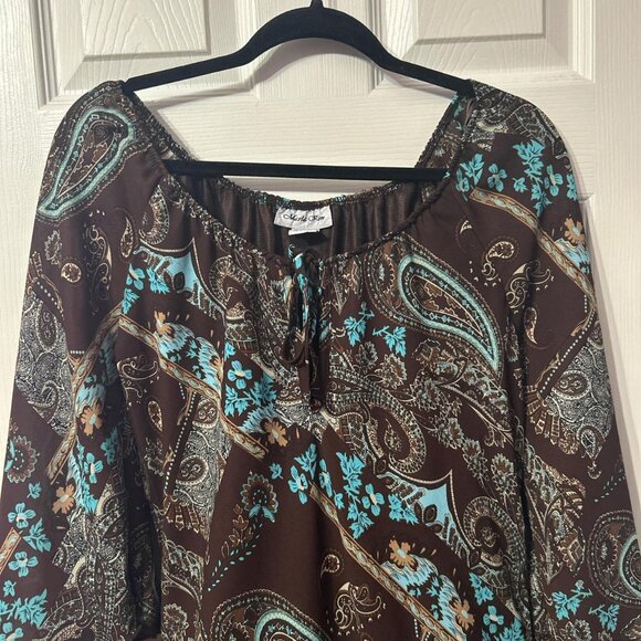 Marla Kim brown and blue asymmetrical paisley dress - Picture 5 of 5